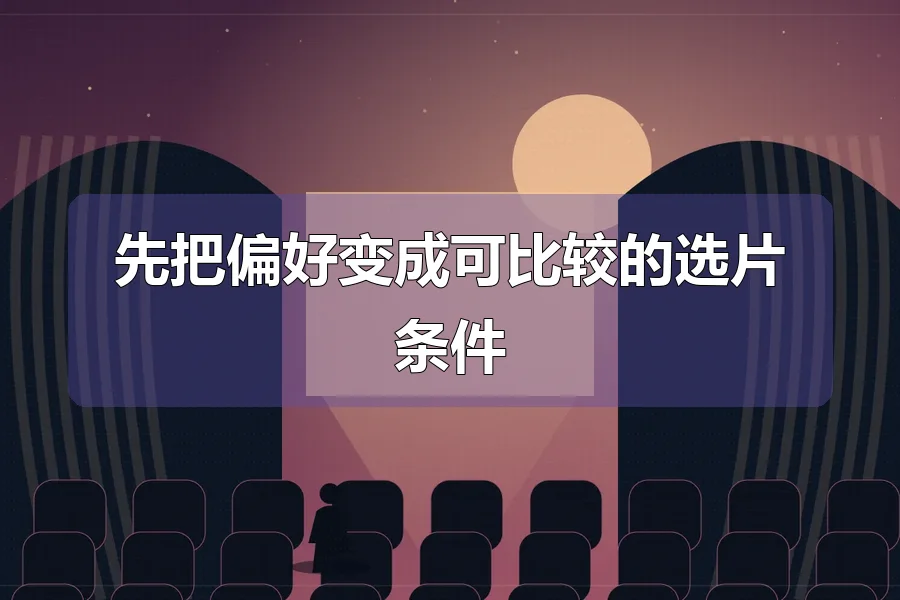 影院座席与发光银幕，前景人物剪影，原创影视主题插画