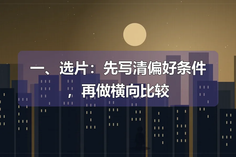 夜色城市与建筑灯光，前景人物剪影，原创影视主题插画